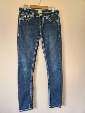Y2K LA Idol Rhinestone Flap Pocket Thick Stitch Dark Wash Jeans Size 9/31